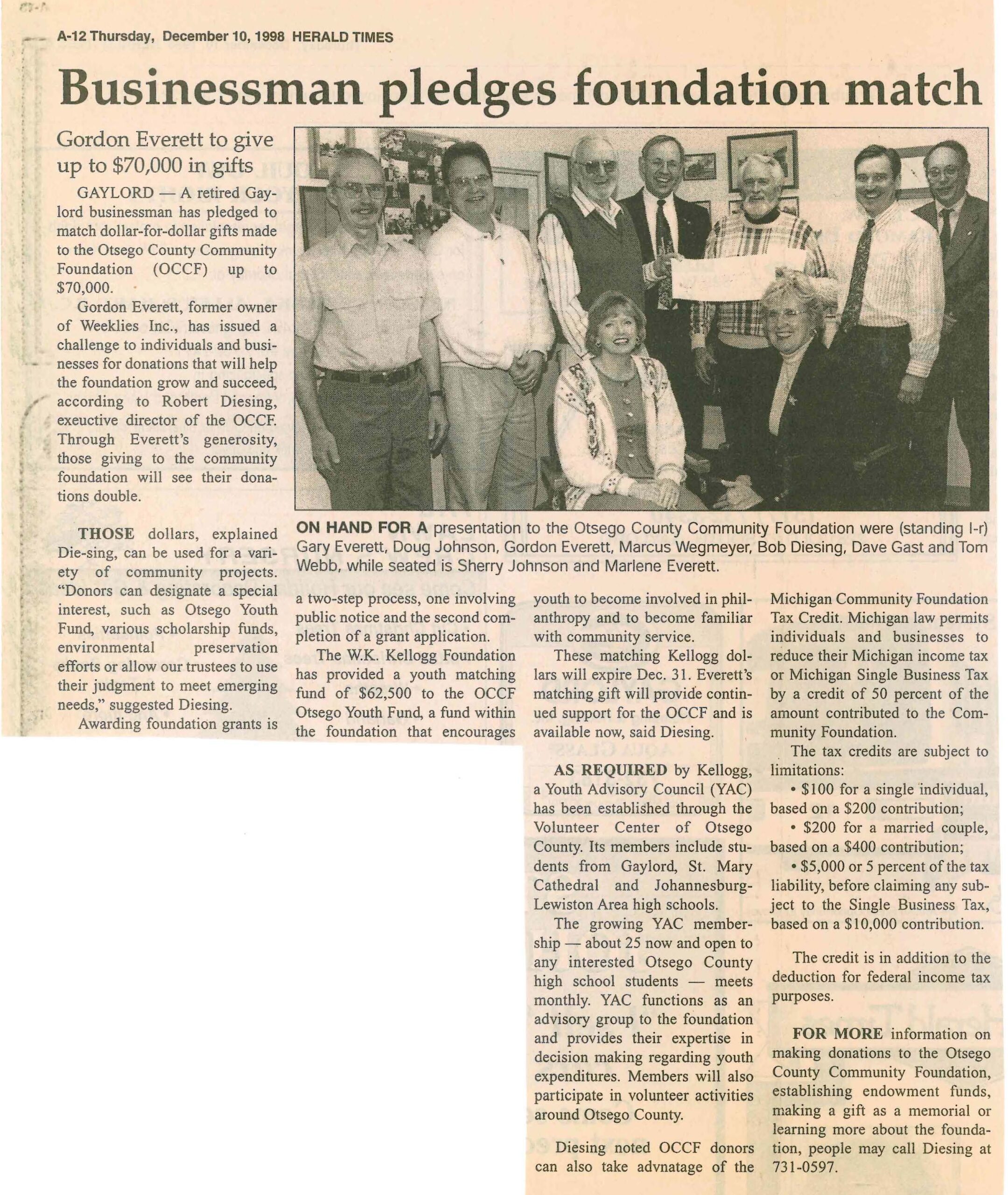 Businessman pledges foundation match 12101998