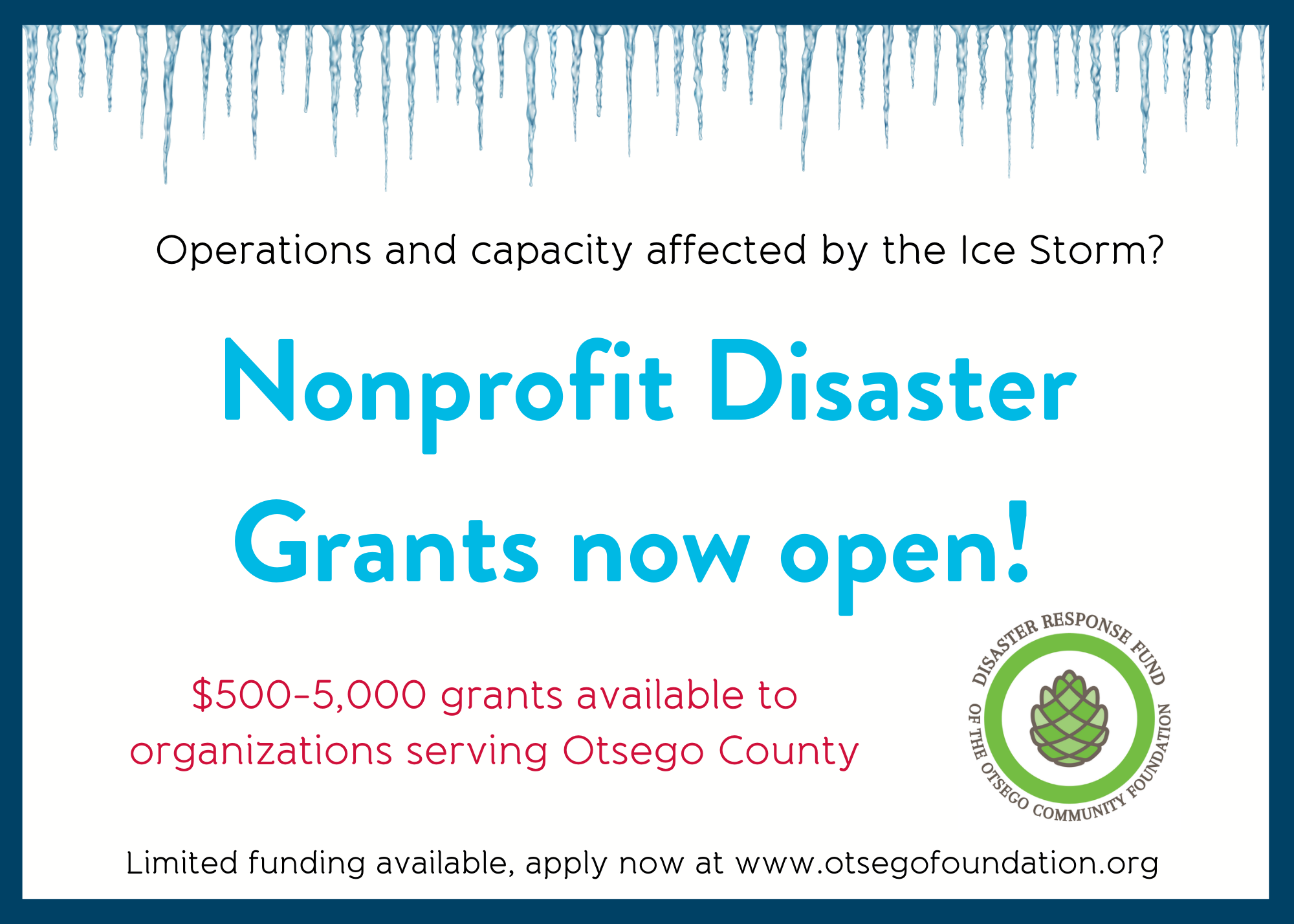 Grant Opportunity: Recovery Grant for Public Serving Organizations affected by Ice Storm